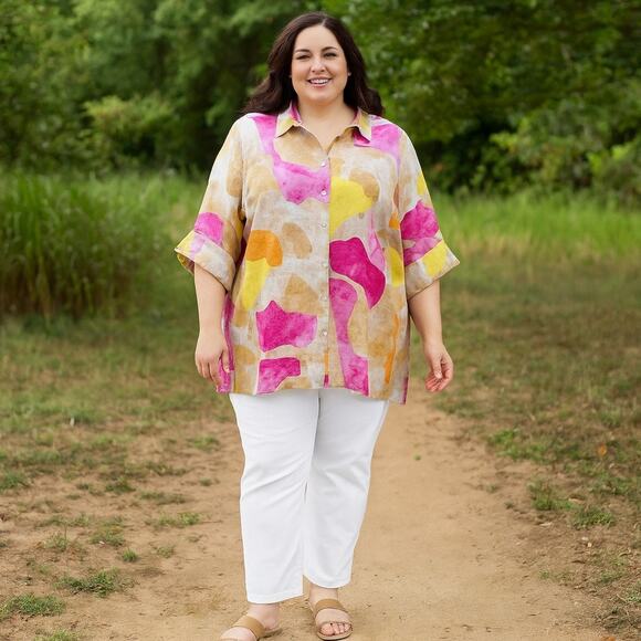 Chico's Top Women's Size 4 (2x) Abstract Confetti Linen Desert Mist Boyfriend - Picture 1 of 7